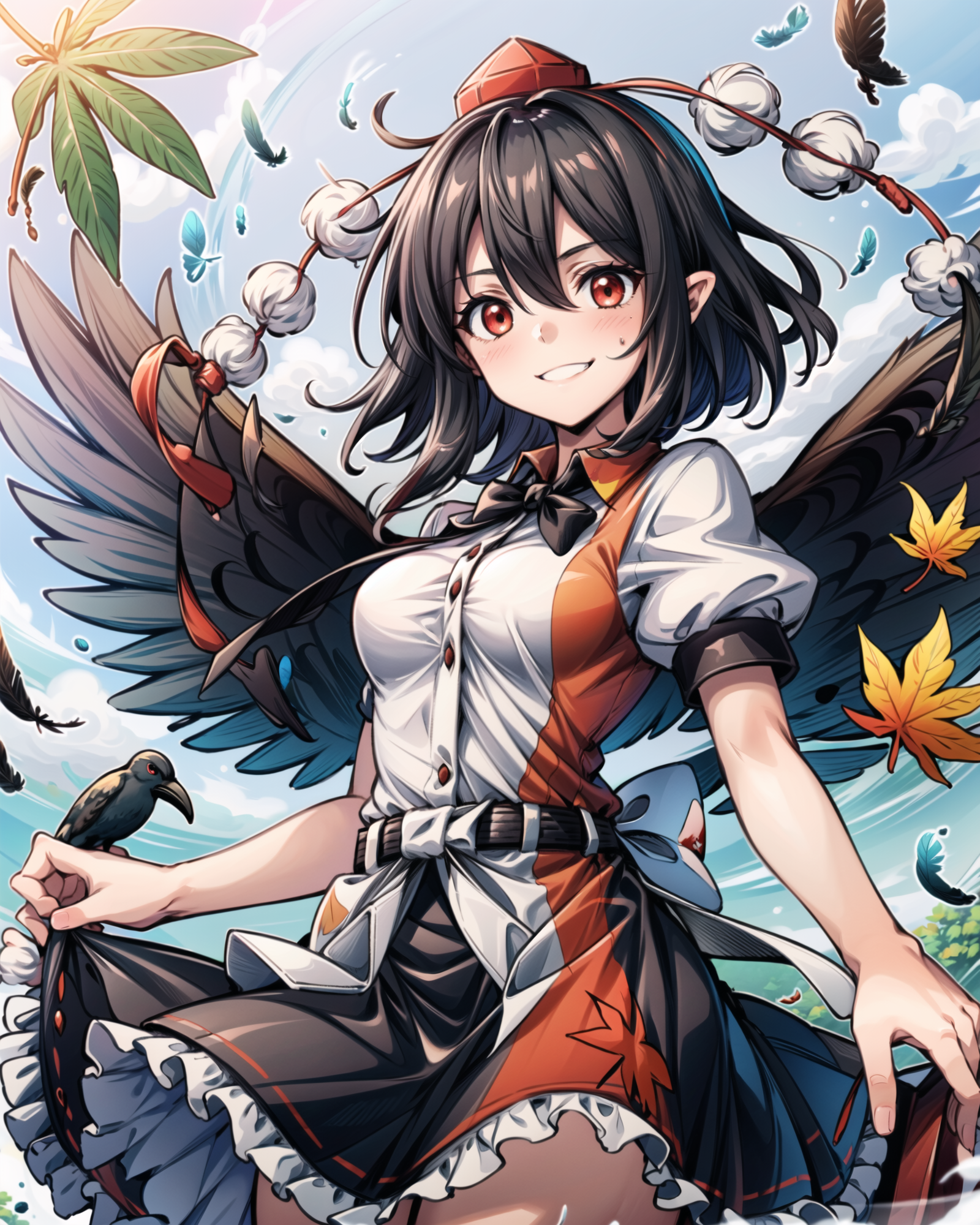 00611-1736476781-, 1girl, autumn_leaves, bangs, belt, bird_wings, black_bow, black_bowtie, black_feathers, black_hair, black_neckwear, black_ribb.png